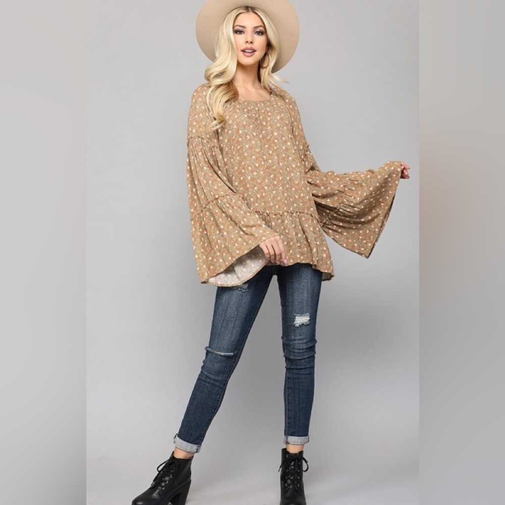 Floral print rayon gauze and bell sleeve top - Picture 1 of 5